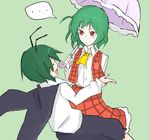  2girls aharan antennae ascot bad_id bad_pixiv_id blush cape dress green_hair kazami_yuuka multiple_girls plaid plaid_skirt plaid_vest pocket red_eyes short_hair skirt skirt_set smile spoken_ellipsis touhou umbrella vest wriggle_nightbug 