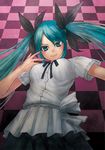  aqua_hair bangs black_neckwear black_ribbon bow breasts buttons checkered checkered_background closed_mouth cowboy_shot from_below hair_ribbon hand_on_own_face hatsune_miku lace long_hair looking_at_viewer looking_down medium_breasts neck_ribbon outstretched_arm pleated_skirt ribbon sash shirt short_sleeves shouhei skirt smile solo swept_bangs twintails vocaloid white_bow white_shirt white_skirt world_is_mine_(vocaloid) 