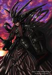  armor artist_request cape copyright_request dress fantasy long_hair mask sky solo sword weapon 