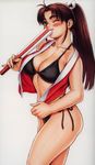  ass blush breasts brown_eyes brown_hair cleavage closed_eyes closed_fan fan fatal_fury folding_fan large_breasts long_hair one_eye_closed panties ponytail ribbon scan shiranui_mai side-tie_panties smile snk solo the_king_of_fighters tsukasa_jun underwear 