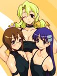  3girls blonde_hair blush bonten_karasu breasts brown_hair chibi chibi_inset cleavage glasses kinon kittan kiyal kiyoh large_breasts long_hair medium_breasts multiple_girls one_eye_closed purple_hair short_hair siblings sisters tengen_toppa_gurren_lagann 