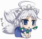  ahoge animal_ears bad_id bad_pixiv_id braid chibi dog_ears dog_tail inu_sakuya izayoi_sakuya kirisaki_akihito short_hair silver_hair solo tail tail_wagging touhou twin_braids 