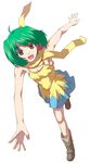  :d ankle_boots bare_shoulders boots brown_footwear collarbone dress green_hair hands looking_at_viewer macross macross_frontier open_mouth ranka_lee red_eyes running scarf short_hair shouhei smile solo yellow_dress 