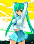  blush brown_eyes copyright_request green_hair long_hair midriff mizuto_umi_(blue_monday) school_uniform serafuku solo twintails 