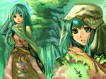  alchemy aqua_hair bow_(bhp) forest green_eyes hat magic multiple_girls nature original tree 