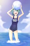  green_hair name_tag nigo_(aozoragarou) ocean one-piece_swimsuit school_swimsuit shiki_eiki short_hair solo swimsuit touhou 