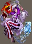  book fire hat konton11 long_hair magic patchouli_knowledge purple_hair ribbon solo touhou water wind 