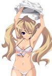  armpits bad_id bad_pixiv_id bikini blonde_hair blue_eyes copyright_request long_hair one_eye_closed smile solo swimsuit twintails undressing yamazaki_kazu 