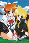  arm_belt armor belt black_legwear blonde_hair blush bow brown_hair cape cloud crop_top day fate_testarossa fingerless_gloves flat_chest gloves grass hair_ribbon highres hug kneeling leotard long_hair lyrical_nanoha magical_girl mahou_shoujo_lyrical_nanoha mahou_shoujo_lyrical_nanoha_a's megami multiple_girls non-web_source official_art okuda_yasuhiro outdoors ponytail purple_eyes reclining red_bow red_eyes ribbon scan short_twintails sitting skirt sky smile strap takamachi_nanoha thighhighs turtleneck twintails very_long_hair 