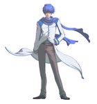  belt blue_eyes blue_hair blue_scarf full_body hand_on_hip kaito legs_apart male_focus matsudo_aya pants raglan_sleeves scarf simple_background solo standing vocaloid white_background 