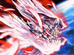  angel_wings dutch_angle feathers flying glowing gun gundam gundam_wing_endless_waltz mecha no_humans planet rifle space weapon wing_gundam_zero_custom wings 