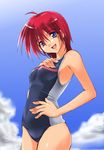  ahoge blue_eyes breast_suppress cloud competition_swimsuit covered_navel day hinomoto_hikari kaiga mole mole_under_eye navel one-piece_swimsuit red_hair school_swimsuit short_hair sky smile solo swimsuit tokimeki_memorial tokimeki_memorial_2 