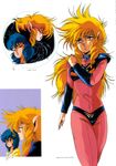  80s blonde_hair blue_hair bodysuit hair_ornament hairclip highres hirano_toshihiro iczer-1 iczer_(series) kanou_nagisa multiple_girls oldschool pink_bodysuit pink_eyes short_hair tatakae!!_iczer-1 