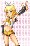  armpits baanin blush kagamine_rin midriff open_clothes open_shorts outstretched_arm shorts solo vocaloid 