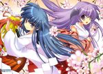  blue_hair blush cherry_blossoms detached_sleeves flower furude_rika hakama hanyuu higurashi_no_naku_koro_ni hoe horns japanese_clothes kimono long_hair miko multiple_girls purple_eyes purple_hair red_hakama suzuragi_karin 