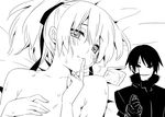  1girl blush condom condom_wrapper darker_than_black fig_sign finger_to_mouth greyscale hei looking_at_viewer lying mask monochrome nude on_back peko smile sweat yin 