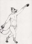  arm_above_head black_and_white bulge canine claws clothing fox hindpaw lingerie looking_up male mammal monochrome navel nipples open_mouth paws pencil reaching semiotica solo standing topless underwear 