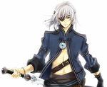  backlighting belt blue_eyes dagger eyepatch half_updo male_focus silver_hair simple_background solo the_last_story tsubukiri weapon white_background yuris_(the_last_story) 