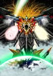  comet darkredgear drill earth genesic_gaogaigar hell_and_heaven highres lion long_hair mecha no_humans open_mouth red_eyes solo space star_(sky) super_robot tail wings yuusha_ou_gaogaigar_final yuusha_series 
