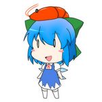  1girl 9rimson bad_id bad_pixiv_id blue_hair blush_stickers bow chibi cirno dress hair_bow ice ice_wings lowres no_nose open_mouth ribbon short_hair shrimp solo thighhighs touhou white_background white_legwear wings 