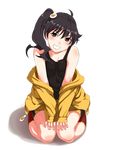  ahoge araragi_karen bare_shoulders black_eyes black_hair blush brown_eyes fried_egg full_body grin hair_ornament hands_on_lap head_tilt highres hood hooded_jacket hooded_track_jacket hoodie jacket kirisato_itsuki long_hair monogatari_(series) nisemonogatari off_shoulder open_clothes open_hoodie ponytail seiza shorts side_ponytail sitting smile solo tank_top track_jacket transparent_background wariza 