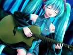  aqua_hair closed_eyes detached_sleeves ginko_(konekonoshippo) guitar hatsune_miku headset instrument long_hair necktie open_mouth sitting solo twintails very_long_hair vocaloid 