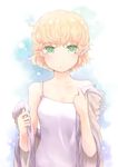  blonde_hair camisole collarbone green_eyes kokotetsu mizuhashi_parsee open_mouth pointy_ears short_hair solo touhou undressing upper_body 