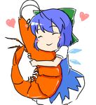 9rimson blue_hair blush_stickers bow cirno closed_eyes crustacean dress hair_bow heart hug ice ice_wings lowres no_nose short_hair shrimp smile solo touhou white_background wings 