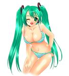  bikini green_eyes green_hair hatsune_miku headset hinoe_riho long_hair navel one_eye_closed open_mouth shiny shiny_skin simple_background smile solo striped striped_bikini swimsuit thigh_gap twintails very_long_hair vocaloid white_background 