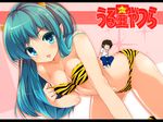  1girl all_fours animal_print bikini blue_eyes blush breasts chiri_(atlanta) cleavage eyeshadow green_hair highres horns human_chair human_furniture long_hair lum makeup medium_breasts miniboy moroboshi_ataru navel sitting sitting_on_person size_difference smile swimsuit tiger_print urusei_yatsura 