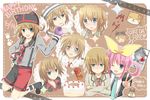  2girls :d ;d apple blue_eyes blush brown_hair cake cat crossed_arms dated english food fruit hair_rings happy_birthday hat holding kamaboko_(milky_holmes) kaname_ihnk multiple_girls multiple_views necktie one_eye_closed open_mouth pink_hair rat_(milky_holmes) sherlock_shellingford shorts smile sparkle tantei_opera_milky_holmes 