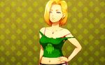  android_(os) android_18 artist_name bare_shoulders blonde_hair blue_hair breasts collarbone derivative_work dragon_ball dragon_ball_z earrings hairu hand_on_hip hidekeitaro jewelry medium_breasts midriff namesake navel necklace parted_lips strap_slip tank_top torn_clothes wallpaper 