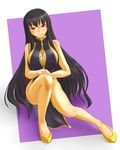  adder bare_shoulders black_dress black_hair borrowed_character breasts bursting_breasts china_dress chinese_clothes cleavage covered_nipples dress grin kurochijo large_breasts legs long_hair no_bra no_panties original red_eyes smile solo squatting very_long_hair 