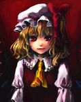  ascot blonde_hair bow faux_traditional_media flandre_scarlet hair_bow hat kayako_(tdxxxk) light_smile lips red_eyes side_ponytail solo touhou upper_body 