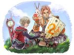  apple blonde_hair blue_eyes bone_(stare) bunny food fruit male_focus multiple_boys red_hair rein_(xenoblade) shield shulk sword vest weapon xenoblade_(series) xenoblade_1 