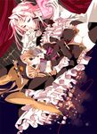  1girl animal_hat bad_id bad_pixiv_id black_legwear brown_hair elbow_gloves gloves hat long_hair loyalists mawaru_penguindrum pink_eyes pink_hair ponytail princess_of_the_crystal red_string string takakura_himari thighhighs watase_sanetoshi white_gloves 