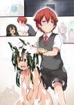 1boy 1girl a anoshiras_ii bangs bare_shoulders black_pants blue_eyes breasts brushing_another&#039;s_teeth clothed_male_nude_male collared_shirt comic commentary_request couple dark_skin foam green_hair gridman_(ssss) hibiki_yuuta holding_toothbrush long_hair looking_at_another necktie nude pants pants_rolled_up red_eyes red_hair red_neckwear school_uniform shirt short_sleeves shower sitting small_breasts ssss.gridman taking toothbrush toothbrush_in_mouth toothbrush_tethetero tsukasawa_takamatsu waistcoat washing_another washing_hair white_shirt wing_collar 