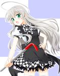  ahoge checkered checkered_skirt crowbar green_eyes haiyore!_nyaruko-san hiyori long_hair nyarlathotep_(nyaruko-san) open_mouth ribbon silver_hair skirt solo thighhighs 