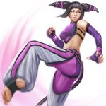  baggy_pants barefoot black_hair bracelet clenched_hand drill_hair feet fighting_stance fingerless_gloves gloves halter_top halterneck han_juri jewelry kicking nail_polish pants purple_eyes realistic simple_background soles street_fighter street_fighter_iv_(series) tank_top th6313 toeless_legwear toes twin_drills 