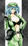  alternate_costume belt blue_hair bra breasts cleavage cosplay eva_(mgs) eva_(mgs)_(cosplay) fingerless_gloves gloves green_eyes hair_bobbles hair_ornament hat jumpsuit kawashiro_nitori large_breasts lips metal_gear_(series) metal_gear_solid_3 nakarai_takumi navel older open_clothes solo touhou two_side_up underwear wrench 
