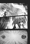  blood bow breasts comic detached_sleeves doujinshi frog_hair_ornament greyscale hair_bow hair_ornament hakurei_reimu highres kochiya_sanae long_hair medium_breasts monochrome multiple_girls skirt smile snake torn_clothes touhou ugatsu_matsuki 