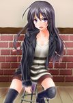  anti_(untea9) black_hair black_legwear boku_wa_tomodachi_ga_sukunai book brick_wall hair_ribbon jacket long_hair mikazuki_yozora purple_eyes ribbon shorts solo stool thighhighs 