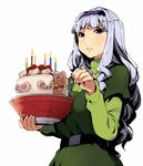  :t aru-sci bad_id bad_pixiv_id birthday_cake bowl cake dress eating food idolmaster idolmaster_(classic) long_hair shijou_takane silver_hair solo 