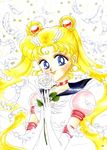  1girl bishoujo_senshi_sailor_moon bishoujo_senshi_sailor_moon_sailor_stars blonde_hair blue_eyes blush crescent double_bun eternal_sailor_moon feather feathers flower gloves hands_on_own_chest hands_to_chest highres lips long_hair magical_girl odango rose sailor sailor_moon sailor_uniform smile solo tsukino_usagi twintails white_rose wings 