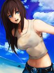  aozaki_aoko belt bird black_hair blue_eyes bra breasts brown_hair cloud crop_top day highres kazakami_yuu lens_flare long_hair looking_at_viewer mahou_tsukai_no_yoru medium_breasts midriff navel open_mouth penguin see-through shiny shiny_skin shirt sky smile solo sweat tank_top underwear wet white_shirt 