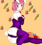  animal_ears ass bare_shoulders blue_eyes brother_and_sister bunny_ears bunny_suit bunnysuit carrot detached_sleeves eyes_closed food hat heart long_hair open_mouth orange_background pink_hair red_hair seles_wilder short_hair siblings tail tales_of_(series) tales_of_symphonia thighhighs zelos_wilder 