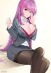  1girl alternate_costume artist_name bra breasts chalk cleavage damda dress_shirt fate/grand_order fate_(series) formal gradient gradient_background hair_intakes large_breasts legs_crossed long_hair long_sleeves looking_at_viewer open_clothes open_mouth open_shirt pantyhose purple_hair red_eyes scathach_(fate)_(all) scathach_(fate/grand_order) shirt sitting skirt skirt_suit suit teacher thighband_pantyhose underwear 