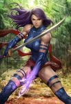  bamboo blue_leotard breasts elbow_gloves energy fighting_stance fingerless_gloves forest gloves glowing katana large_breasts leotard marvel muscle muscular_female nature psylocke purple_hair sash serious solo stanley_lau superhero sword thighhighs weapon x-men 