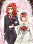  1boy 1girl aqua_eyes bare_shoulders blush breasts bridal_veil brother_and_sister dress elbow_gloves eyes_closed flower formal frills gloves happy jewelry long_hair necklace necktie pants red_hair seles_wilder short_hair siblings smile suit tales_of_(series) tales_of_symphonia tears veil wedding wedding_dress wedding_veil zelos_wilder 