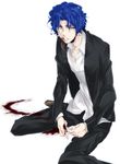  blood blue_eyes blue_hair fate/zero fate_(series) formal male_focus matou_byakuya shirt shoes solo suit tape warakusa wavy_hair white_shirt 